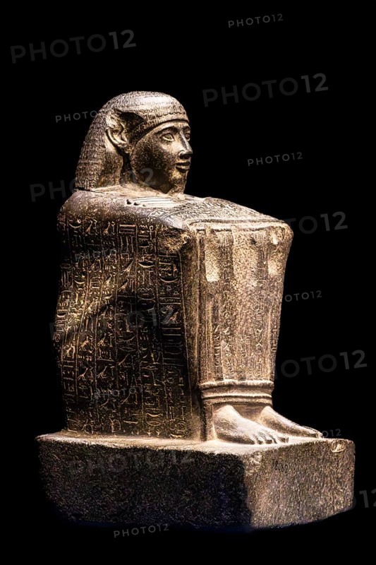 Block statue of the vizier Paser with emblems of the gods of Thebes, from the exhibition: Ramses the Great and the Gold of the Pharaohs, Cologne, North Rhine-Westphalia, Germany