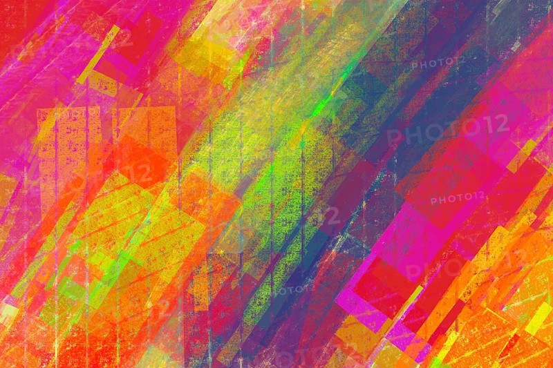 A vibrant and dynamic abstract artwork featuring a colorful geometric pattern with overlapping textures. Radiant hues of pink, orange, and green create a captivating visual