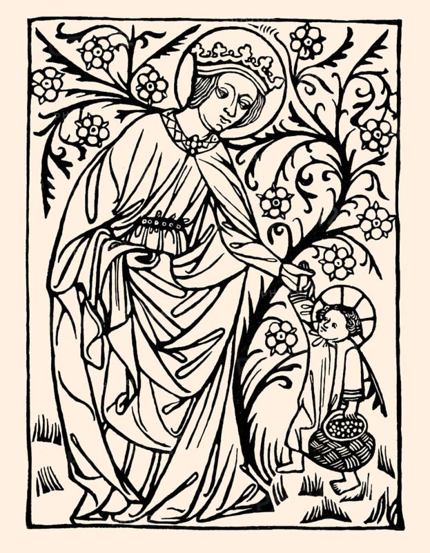 Saint Dorothy, Dorothea of Caesarea with the Christ-child, wood engraving, 1410