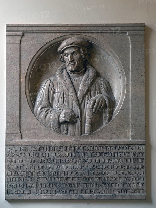 Relief by Philipp Melanchton, Melanchton Gynasium, Nuremberg, Middle Franconia, Bavaria, Germany