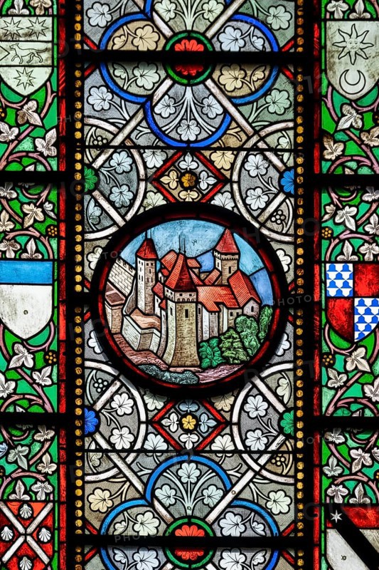 Colourful stained glass windows, Notre-Dame Cathedral, former episcopal church of the diocese of Lausanne, today the main reformed church of the city of Lausanne, canton of Vaud, Switzerland