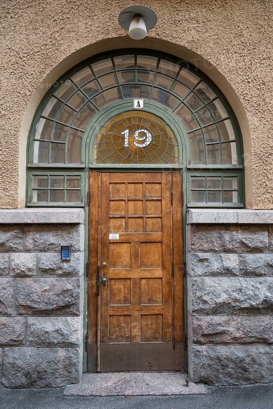 House entrance, wooden door, art nouveau, Helsinki, Finland