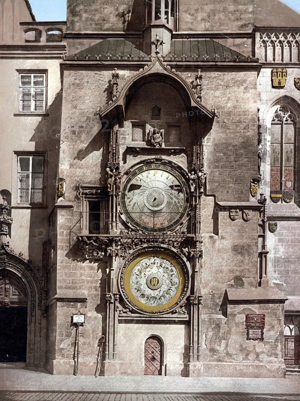 The astronomical clock in the historic centre of Prague, Czech Republic, Historical, digitally restored reproduction from a 19th century original, Record date not stated