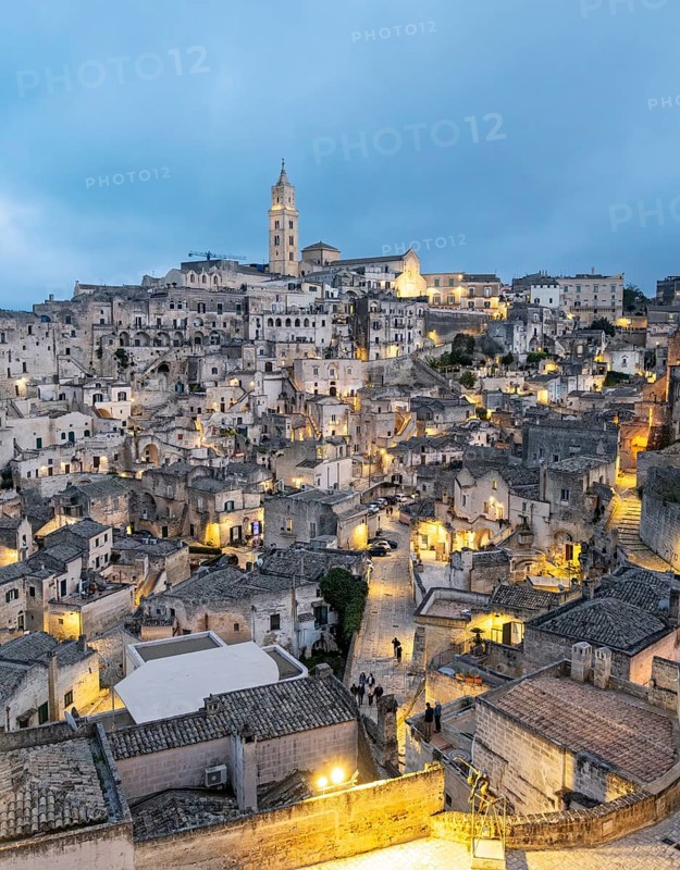 View of Sassi di Matera at night, Sasso Barisano, Basilicata, Italy