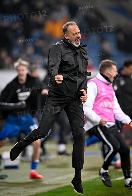 Unrestrained goal celebration, jumping for joy, coach Pellegrino Matarazzo TSG 1899 Hoffenheim Europa League, PreZero Arena, Sinsheim, Baden-Württemberg, Germany