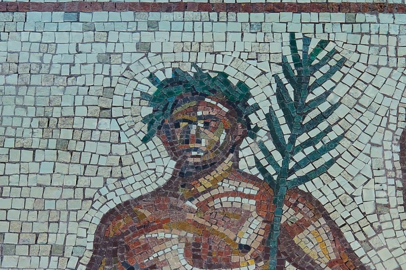 Mosaic depiction of a figure with palm tree, consisting of colorful stones, Museum of the History of the Ancient Olympic Games, Olympia, Peloponnese, Greece