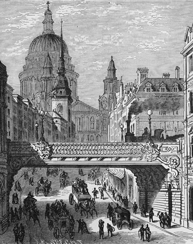 Street in the centre of London with St. Paul's Cathedral, St. Paul's Cathedral, dome, horse-drawn carriage, many people, old buildings, bridge, geography, England, historical illustration 1888
