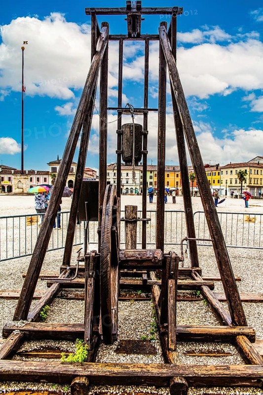 Equipment for the construction of the fortress walls, in Piazza Grande, Piazza Vittorio Emanuele, planned town with star-shaped layout, Palmanova, Unesco World Heritage Site, Friuli, Italy, Palmanova, Friuli, Italy