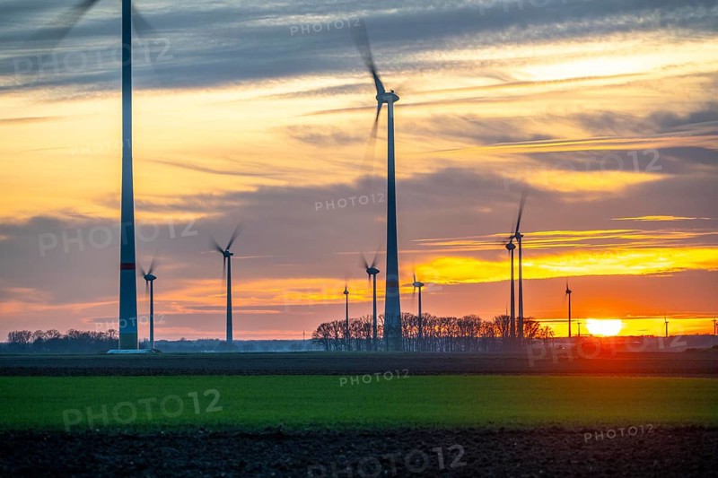 Sunset at Issum wind farm, Lower Rhine, North Rhine-Westphalia, Germany