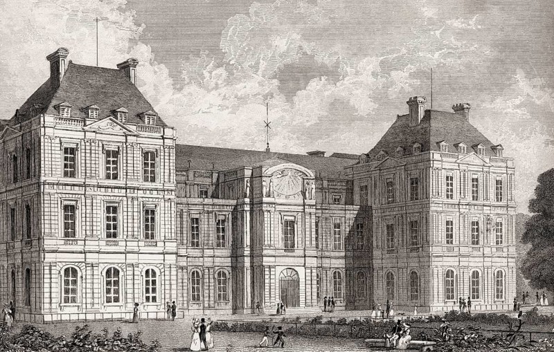 The Luxembourg Palace, Paris, antique steel engraved print, 1831