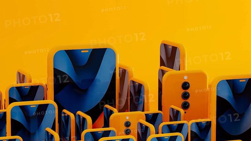 Many yellow frame smartphone exist with blue abstract art displayed on the screen. This creates a modern mobile background. 3D effect