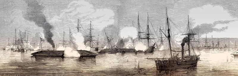 Breaking through to Vicksburg, USS Arkansas running through the Federal fleet above Vicksburg, Mississippi, on 15 July 1862