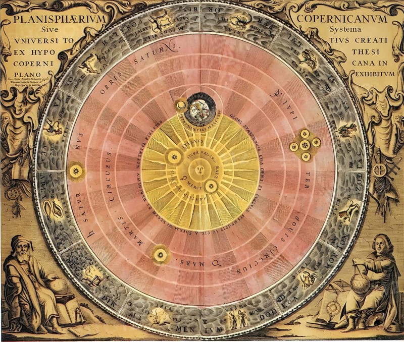 Copernicus' worldview, the sun as the center of the universe, historical illustration, digitally edited, geography, earth, earth surface, historical figure