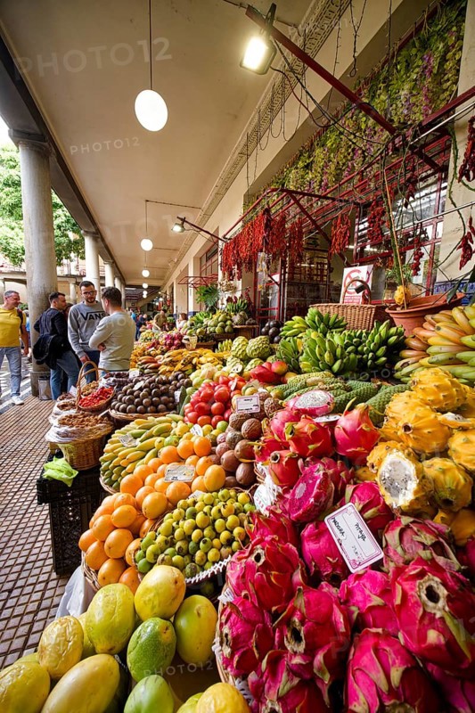 Fruit and vegetables, Mercado dos Lavradores market hall, interior view, Funchal, Madeira, Portugal
