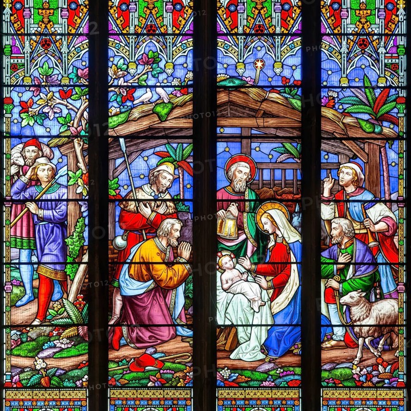 Detail of stained glass window Adoration of Shepherds by William Wailes 1861, Christ Church, Swindon, Wiltshire, England, UK