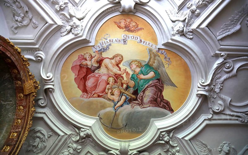 Benediktbeuern Abbey, former Benedictine Abbey, today a branch of the Salesians of Don Bosco, choir room of the monastery church of St. Benedict, vaulted paintings by Hans Georg Asam, are considered the earliest frescoes of Old Bavarian Baroque art, Bad Tölz-Wolfratshausen district, Upper Bavaria, Bavaria, Germany