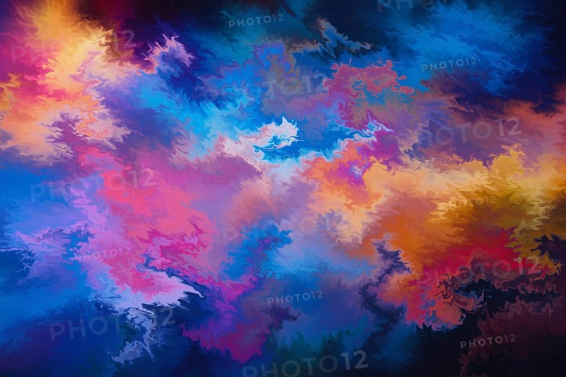 A stunning abstract image featuring vibrant swirling colors and textures. The dynamic composition evokes a sense of energy and movement, with a rich blend of blues, purples, and oranges