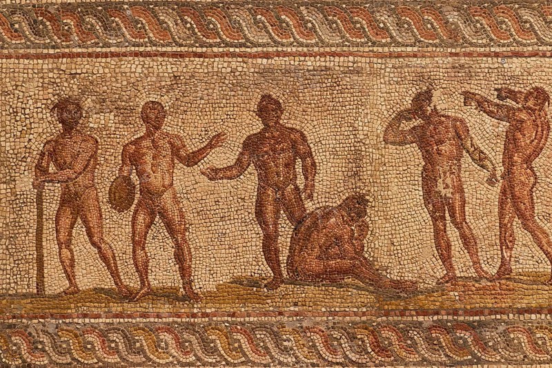 Ancient mosaic with various athletes, Roman motif, Patras Archaeological Museum, Patras, Peloponnese, Greece