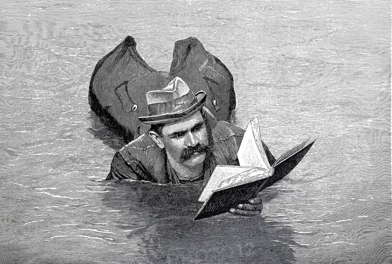 The technician F.W. Kuhl swimming down the Rhine near Cologne in the life jacket he invented, 1896, illustration, reproduction from a model from the 19th century. Authentic, file restored for optimal use, exact date of submission unknown, Historical, a man swims in water while reading a book and wearing a hat