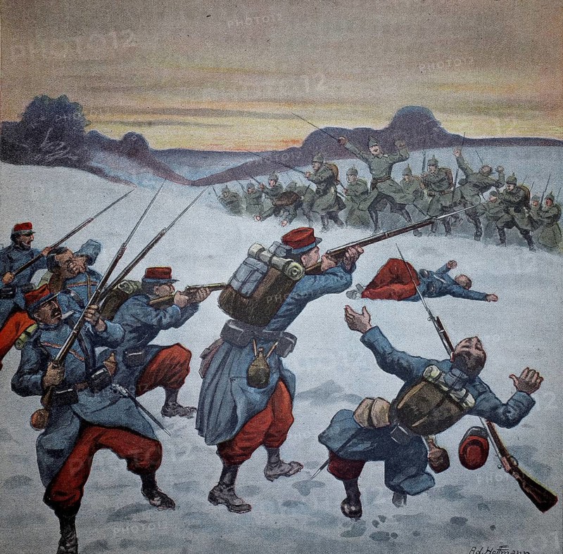 1st World War, In the battle for the Vosges, Storming a French position near Altkirch (original picture text from 1915, original colouring), Illustration, Reproduction from a 19th century original. Authentic, file restored for optimal use, exact date of original unknown, Historical, Battle in the snow with rifles and falling soldiers