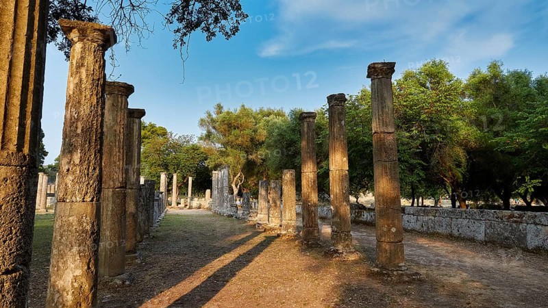 Palestra, long row of ancient columns lined with trees and sky, Archaeological Site, Ancient Olympia, Olympia, Peloponnese, Greece