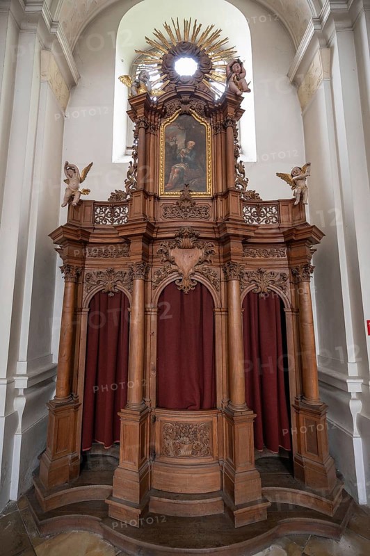 Historic confessional in the 18th century baroqueised Basilka St. Mauritius, Niederaltaich, Lower Bavaria, Germany