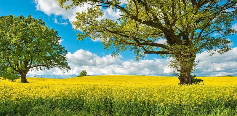 Solitary oaks in blooming rapeseed field under blue sky with cumulus clouds, Burgenlandkreis, Saxony-Anhalt, Germany