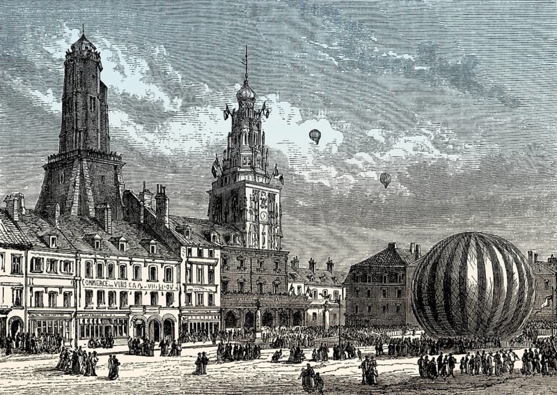 Departure of balloon le Neptune, Place d'Armes, Calais, France, 1868
