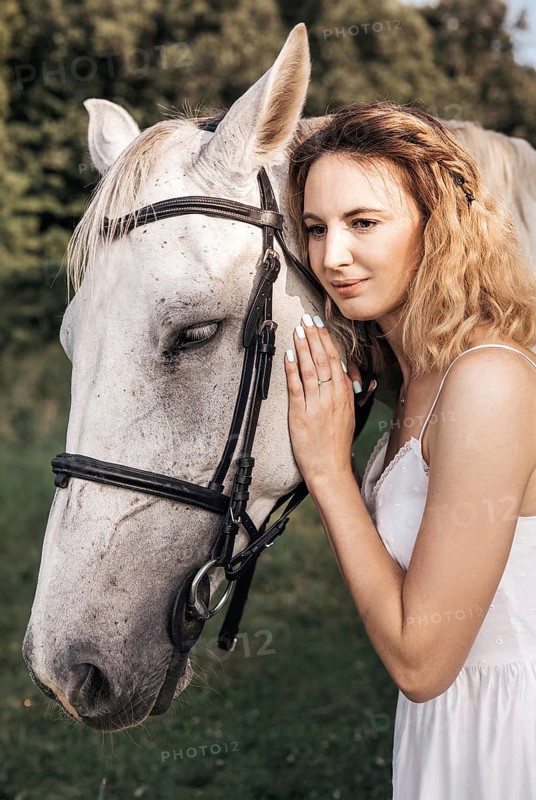 A young woman in a white dress gently embraces a serene white horse outdoors, showcasing a peaceful connection between human and animal on a sunny day