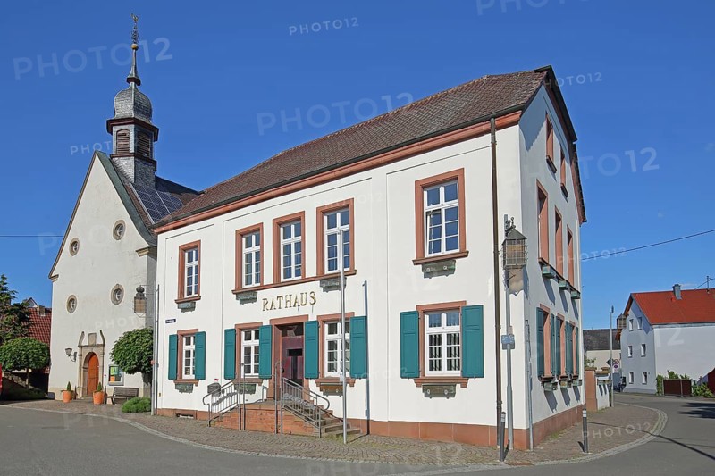 Town hall and Protestant church built in 1765, window shutters, Palatinate, Bornheim, Southern Wine Route, Rhineland-Palatinate, Germany