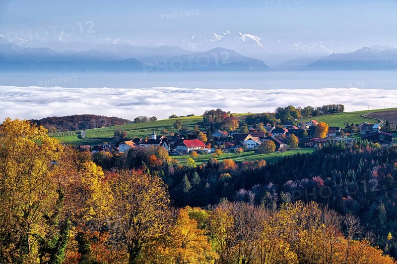 Village view of Juriens with view of Mont Blanc, fog over Lake Geneva, Canton of Vaud, Switzerland