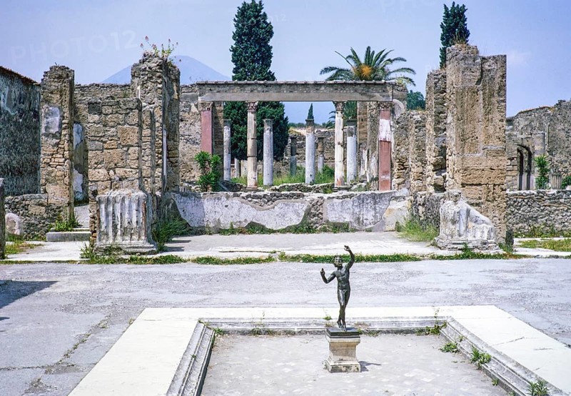 Roman ruins Archaeological Park of Pompeii, Naples, Italy, Europe 1967 - statue of the Dancing Faun