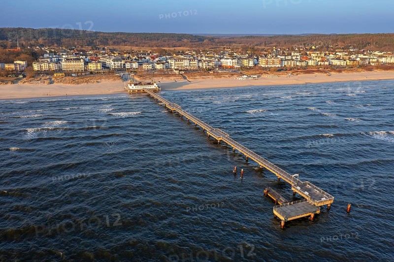 Aerial view over restaurant on Ahlbeck Pier/ Seebrücke Ahlbeck in the Baltic Sea on Usedom island, Mecklenburg-Vorpommern, oldest pier in Germany