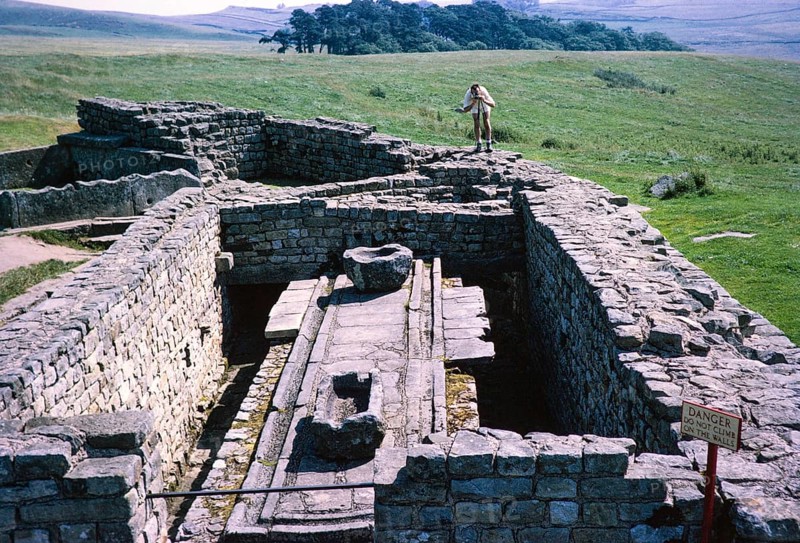 Visit by the Archaeological Society to Hadrian's Wall, Northumberland, England, UK Latrines at Housesteads Roman fort 1969