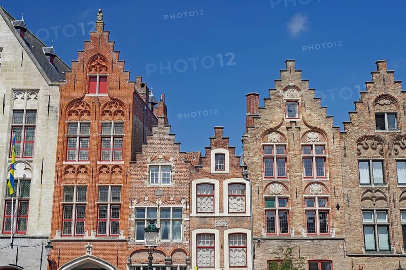 Detailed gabled facades in a historic city centre, Bruges, West Flanders, Belgium