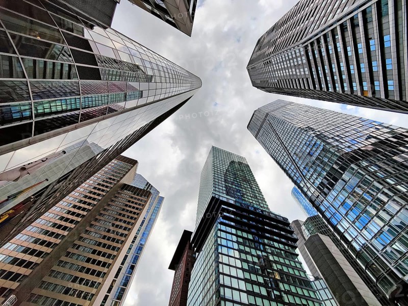 Frog's-eye view of the skyscrapers in the banking district, Four Frankfurt, Frankfurt am Main, Hesse, Germany