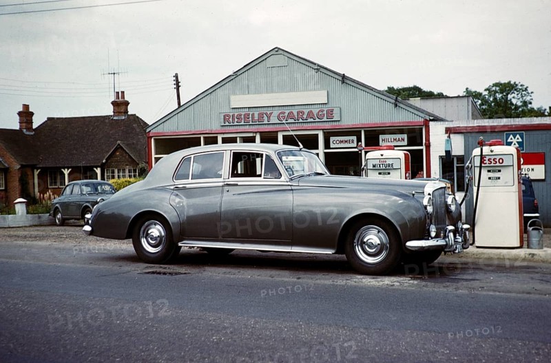 Bentley S1 saloon at the petrol pumps of Riseley Garage, Berkshire, England, UK May 1961
