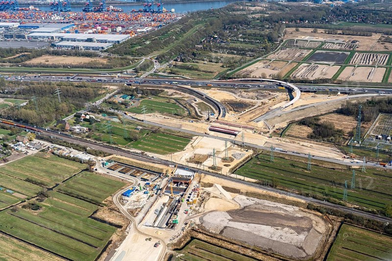 Motorway construction site A26, motorway junction, Süderelbe, road construction, motorway, A7, A26, aerial view, Hamburg, Germany