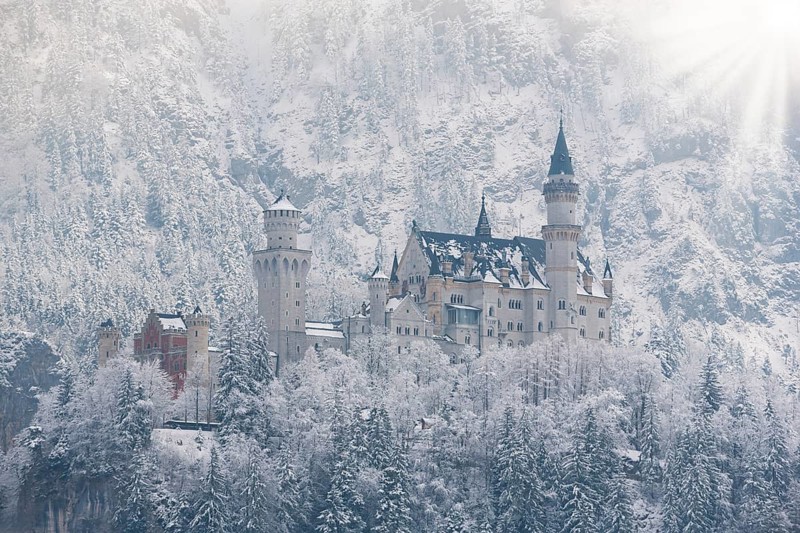 Impressive castle surrounded by snow-covered trees and mountains, with light-flooded sky, Neuschwanstein, Schwangau, Ostallgäu, Allgäu, Swabia, Upper Bavaria, Bavaria, Germany