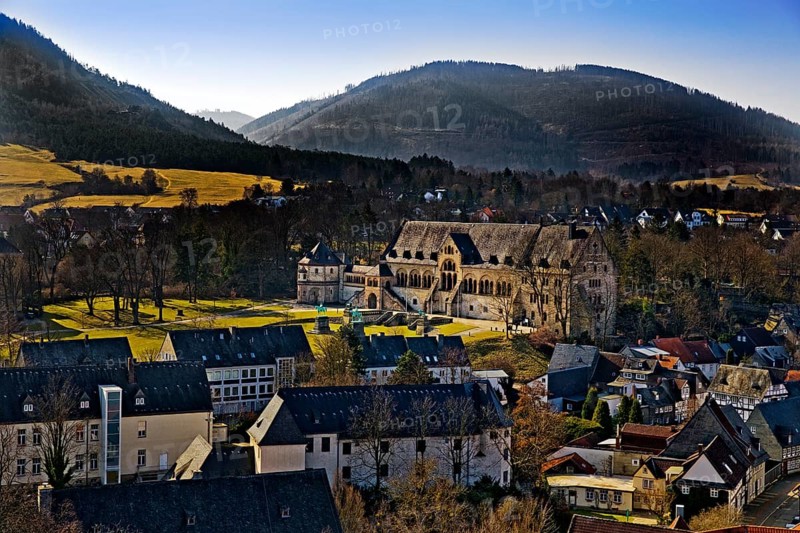 Overview with the Imperial Palace of Goslar at Rammelsberg, UNESCO World Heritage Site, Harz Mountains, Lower Saxony, Germany