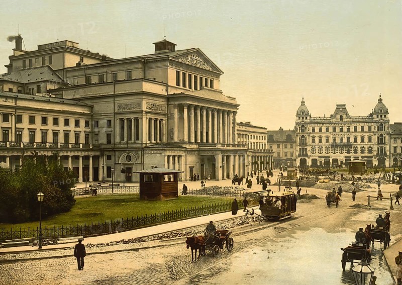 The Theatre in Warsaw, Poland, c. 1890, Historic, digitally enhanced reproduction of a photochrome print from 1895