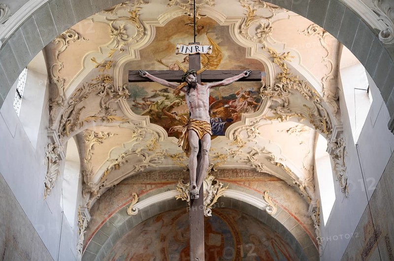Interior view, Jesus on the cross in front of ceiling painting, ceiling fresco, collegiate church Sankt Peter und Paul, Niederzell, Insel Reichenau, Landkreis Konstanz, Baden-Württemberg, Germany
