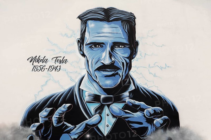 Portrait of the inventor Nikola Tesla painted on a house wall, graffiti, Krefeld, North Rhine-Westphalia, Germany