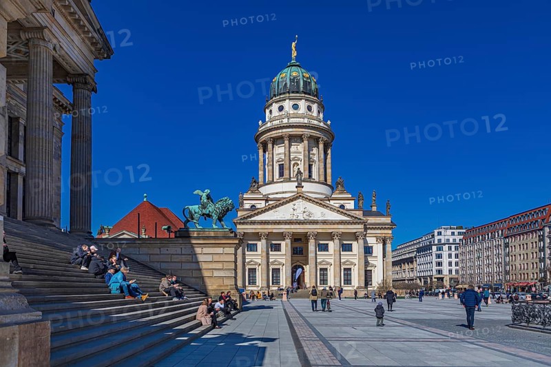 Staircase of the concert hall Berlin with view of the French Cathedral on the Gendarmenmarkt in Berlin, Germany