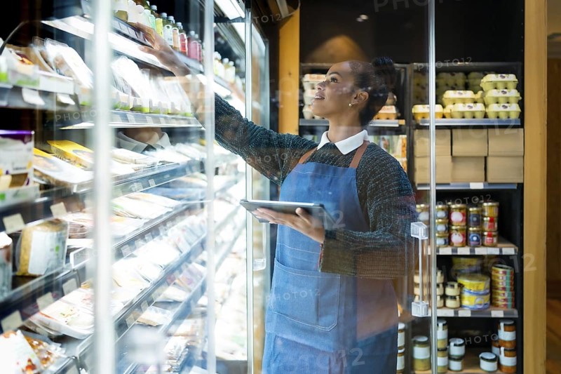 Smiling saleswoman wearing apron checking food products using digital tablet while working in organic supermarket