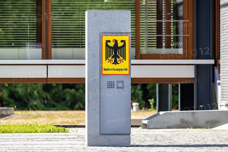 Federal Constitutional Court (BVerfG) . Exterior view with official sign and federal eagle. Karlsruhe, Baden-Württemberg, Germany