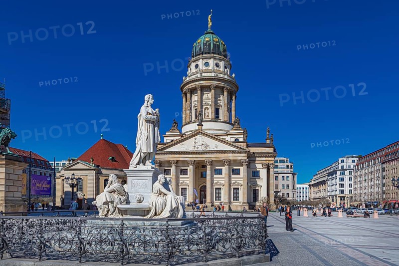 Schiller Monument and French Cathedral on the Gendarmenmarkt in Berlin, Germany