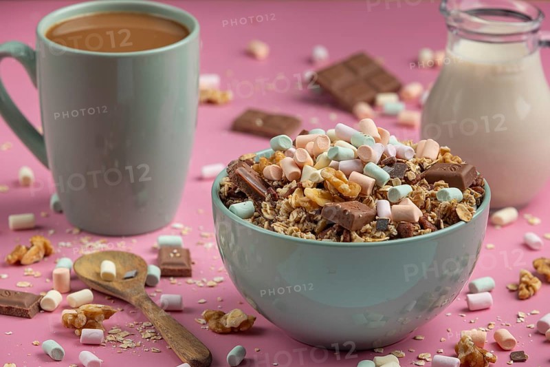 Inviting breakfast with muesli, coffee and colourful marshmallows against a pink background