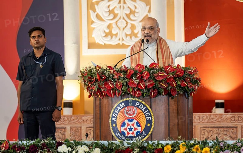 Indian Union Home Minister Amit Shah delivers a speech during the Lachit Barphukan Police Academy inauguration on March 15, 2025 in Dergaon, India. The Lachit Barphukan Police Academy, inaugurated by Union Home Minister Amit Shah