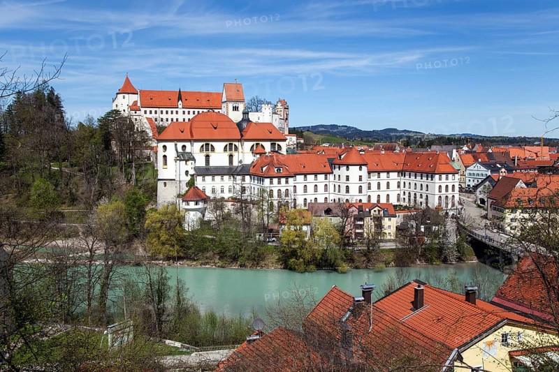 Sankt Mang Monastery, Hohes Schloss and Lech, Füssen, Ostallgäu, Allgäu, Swabia, Bavaria, Germany